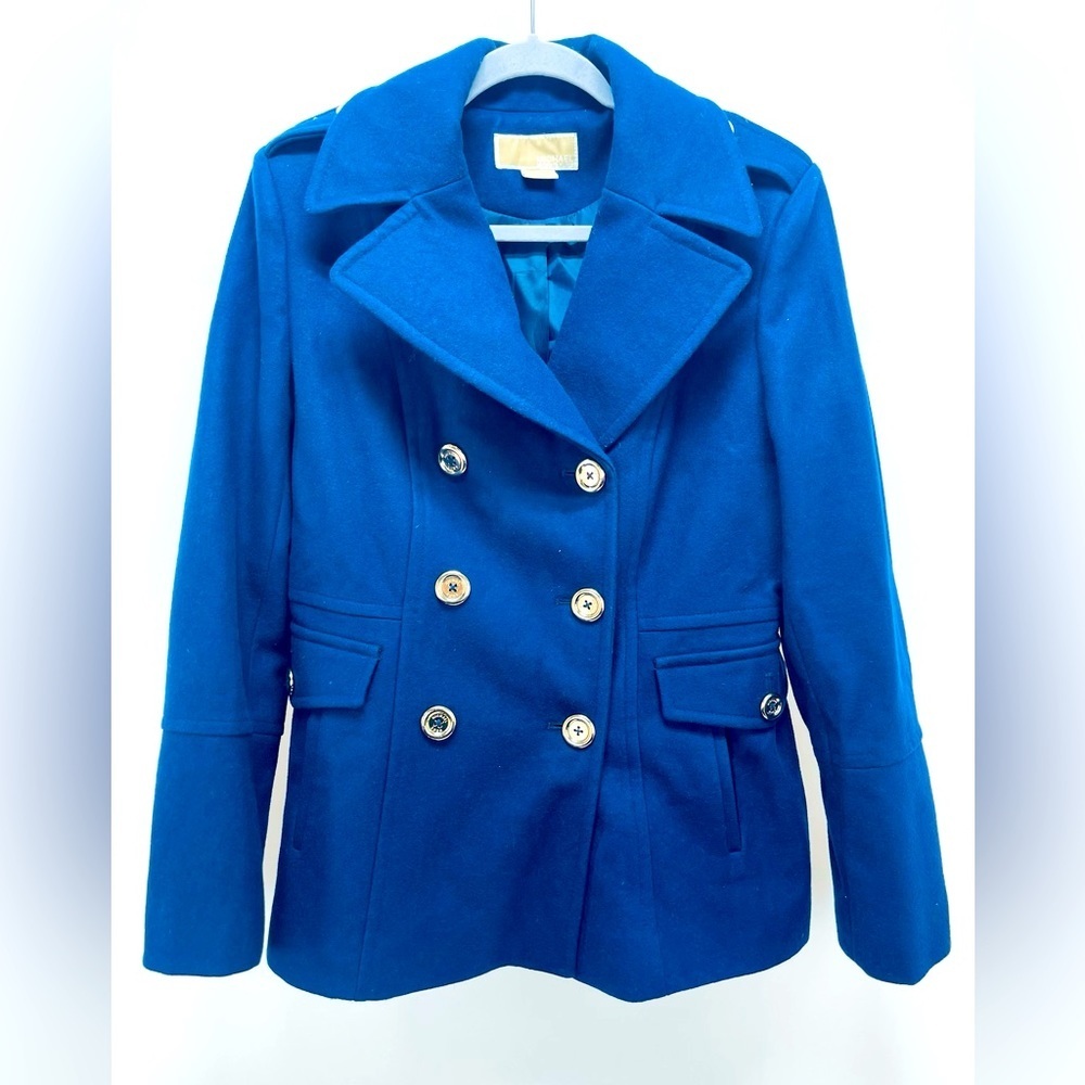 Michael Kors Wool Blend Double Breasted Pea Coat Women's Gold Button Blue Size L